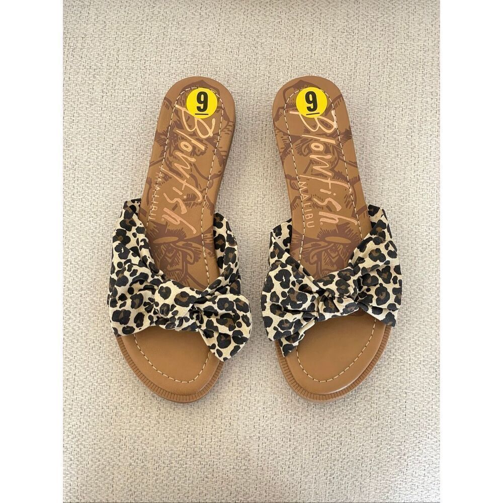 NWT Blowfish Malibu ANINA 8.5 Comfy Animal Leopard Print Knot Bow Slide Sandals